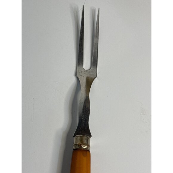 VTG Butterscotch Bakelite Meat Fork 10" Mid Century Stainless Flatware - Picture 2 of 3